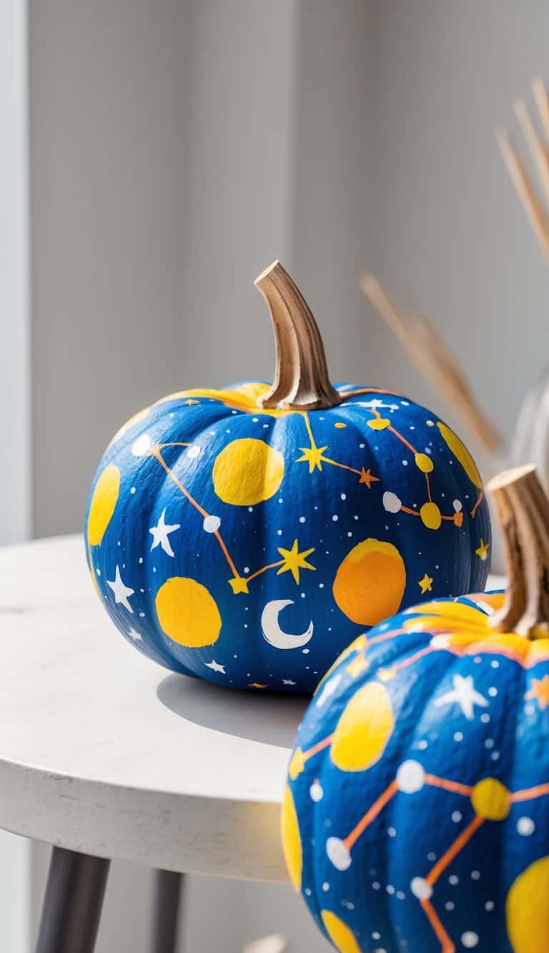 One to two pumpkins painted with colorful constellation and stargazing designs placed on a clean tabletop.