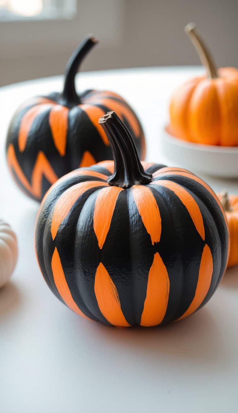 Close-up of one or two pumpkins painted with black and orange chevron stripes on a tabletop.