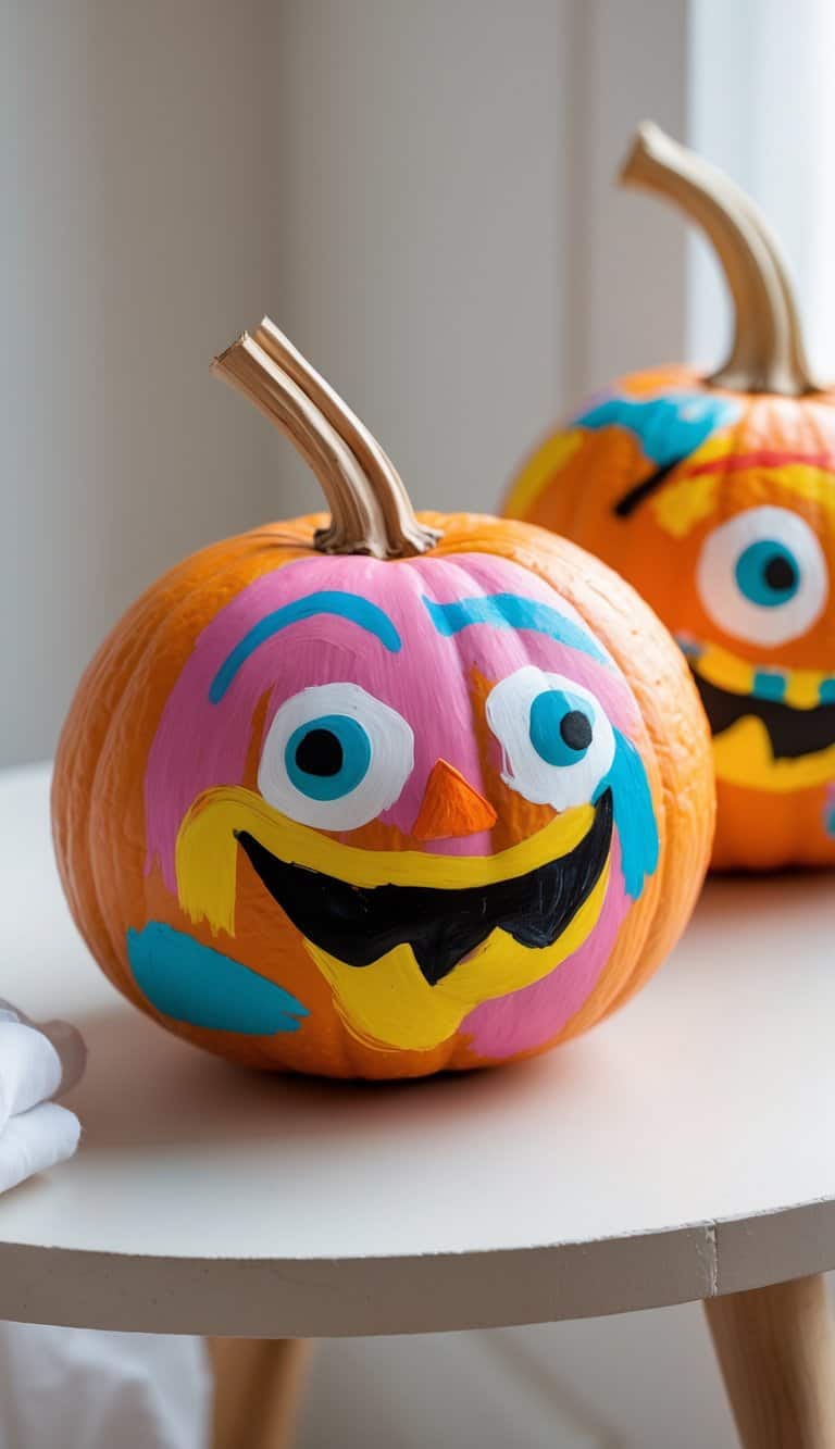 Close-up of one to two pumpkins painted with colorful abstract faces on a tabletop with a plain background.