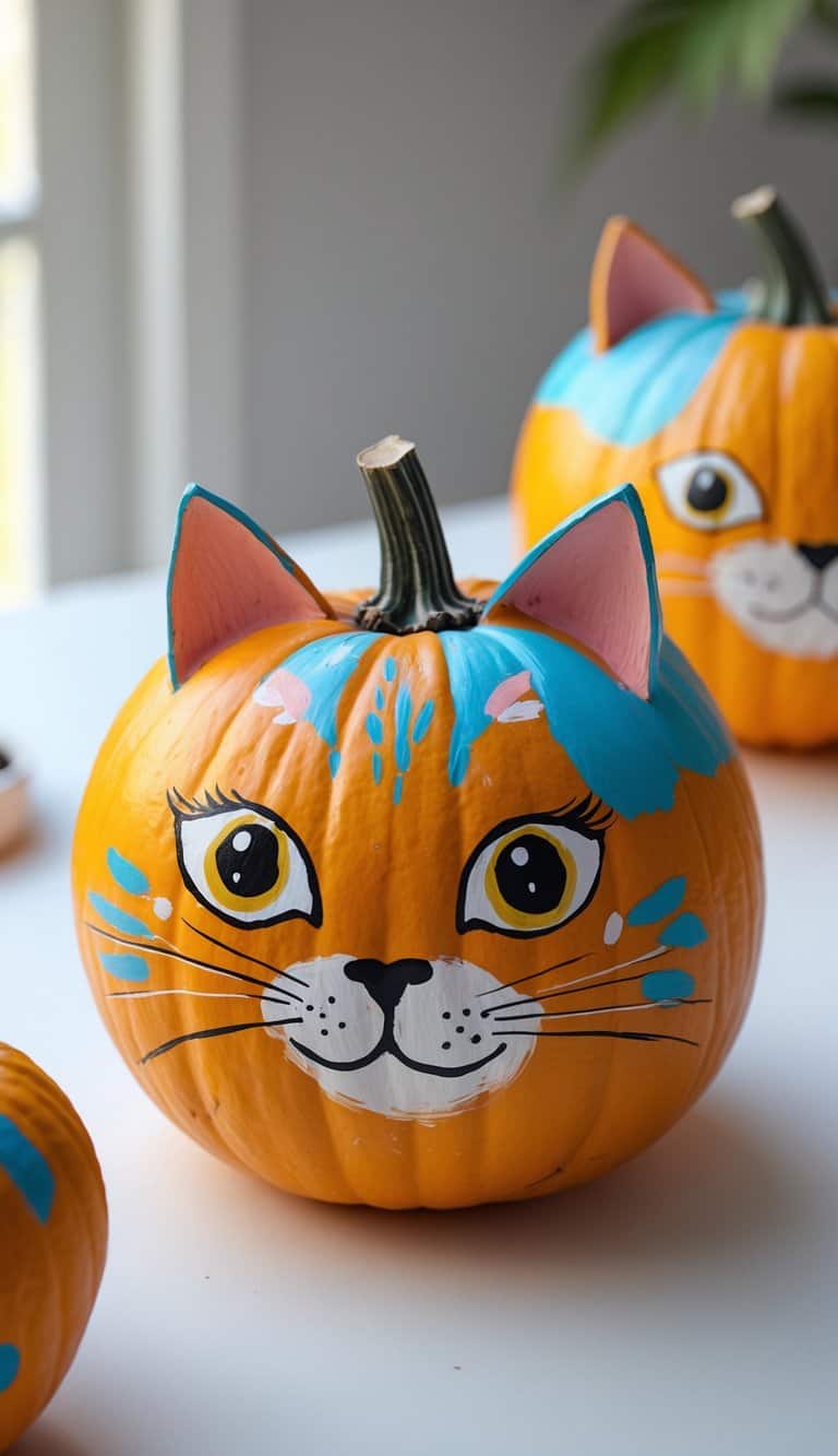 Close-up of one to two pumpkins painted to resemble cats, sitting on a tabletop with soft daylight lighting.