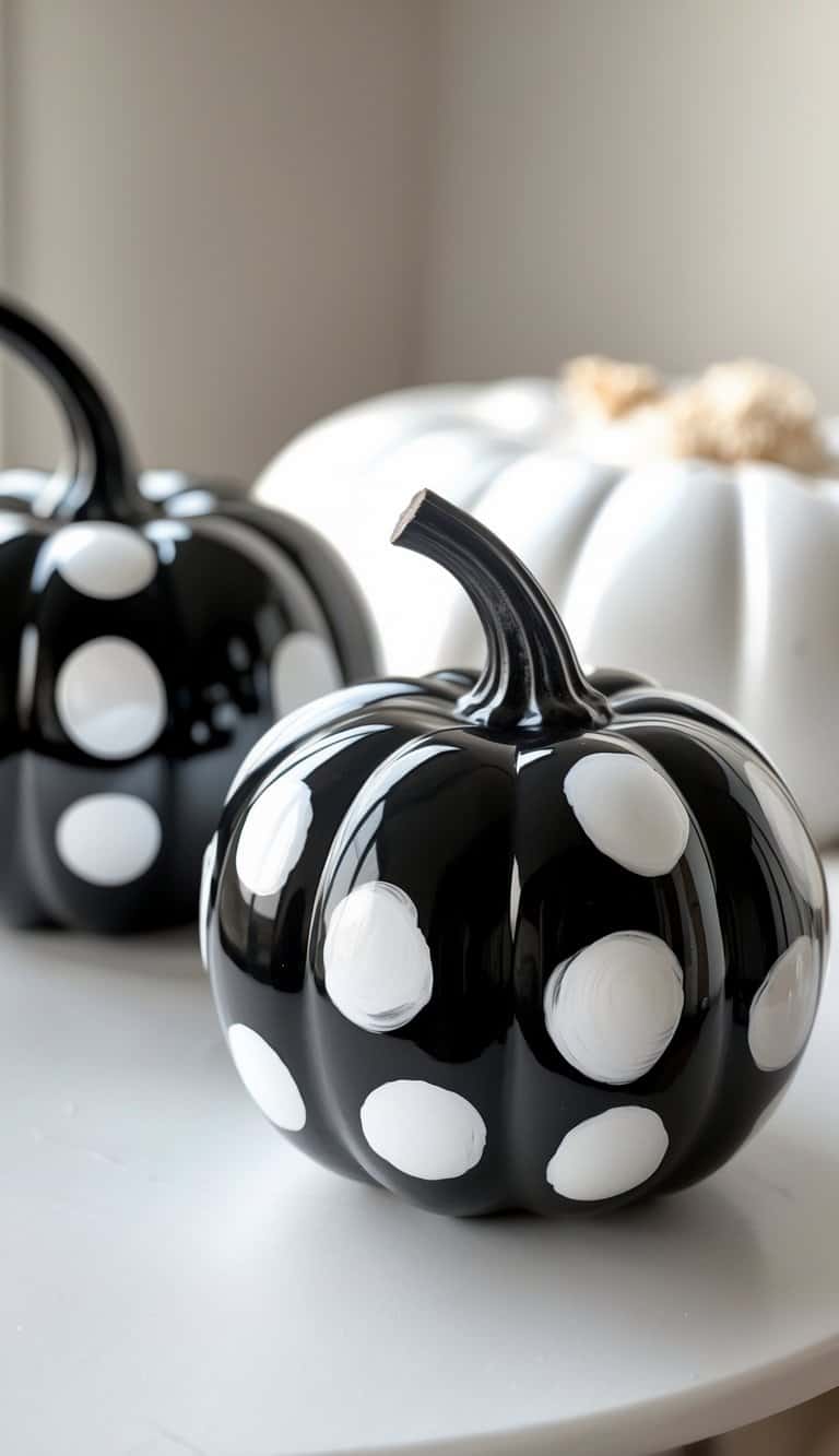Close-up of one or two black pumpkins painted with white polka dots on a tabletop.