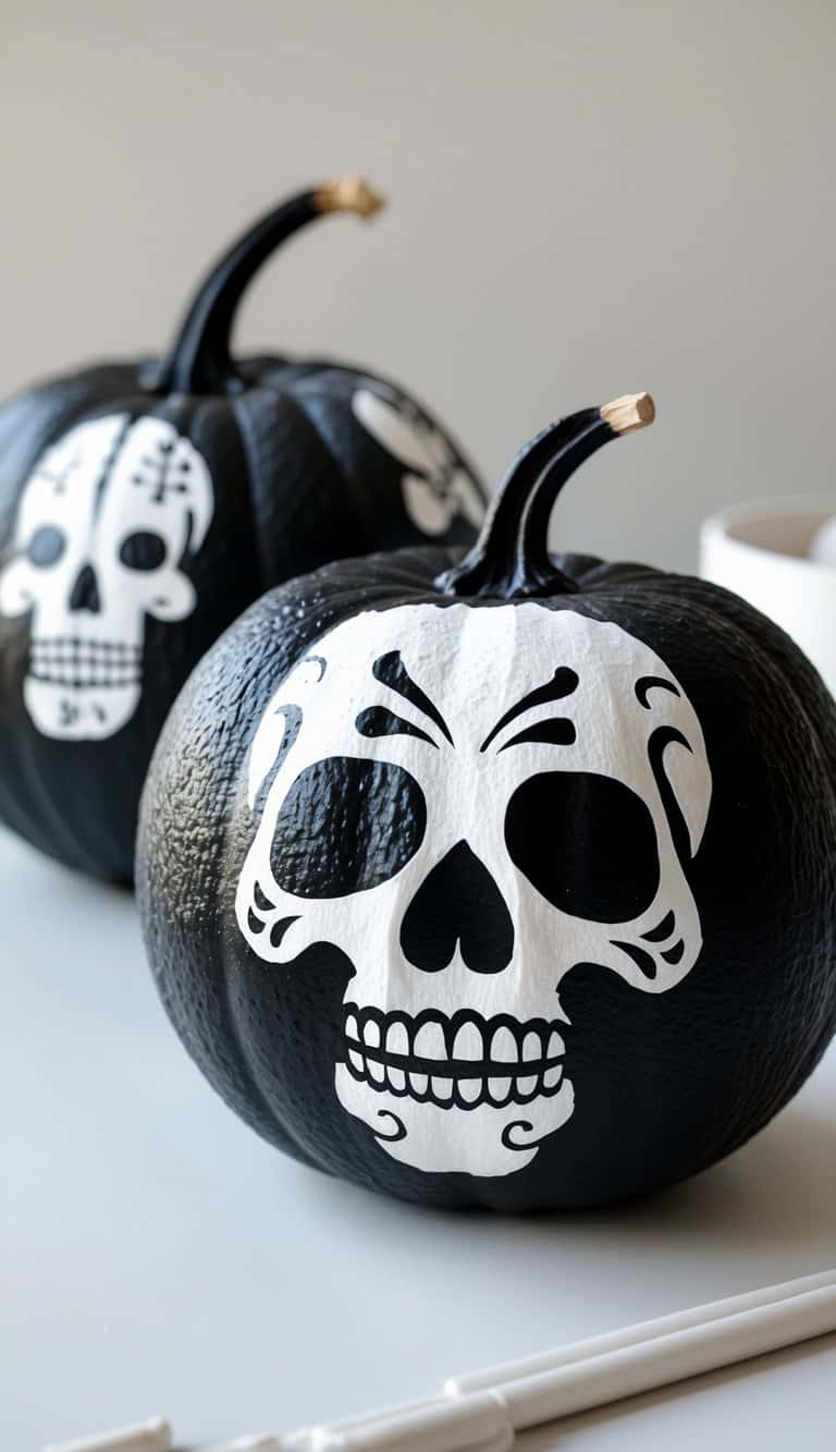 One to two black pumpkins painted with white skull designs on a tabletop.