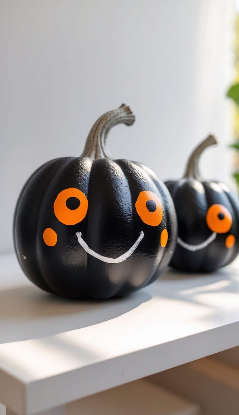 One to two black painted pumpkins with orange polka dot eyes on a tabletop.