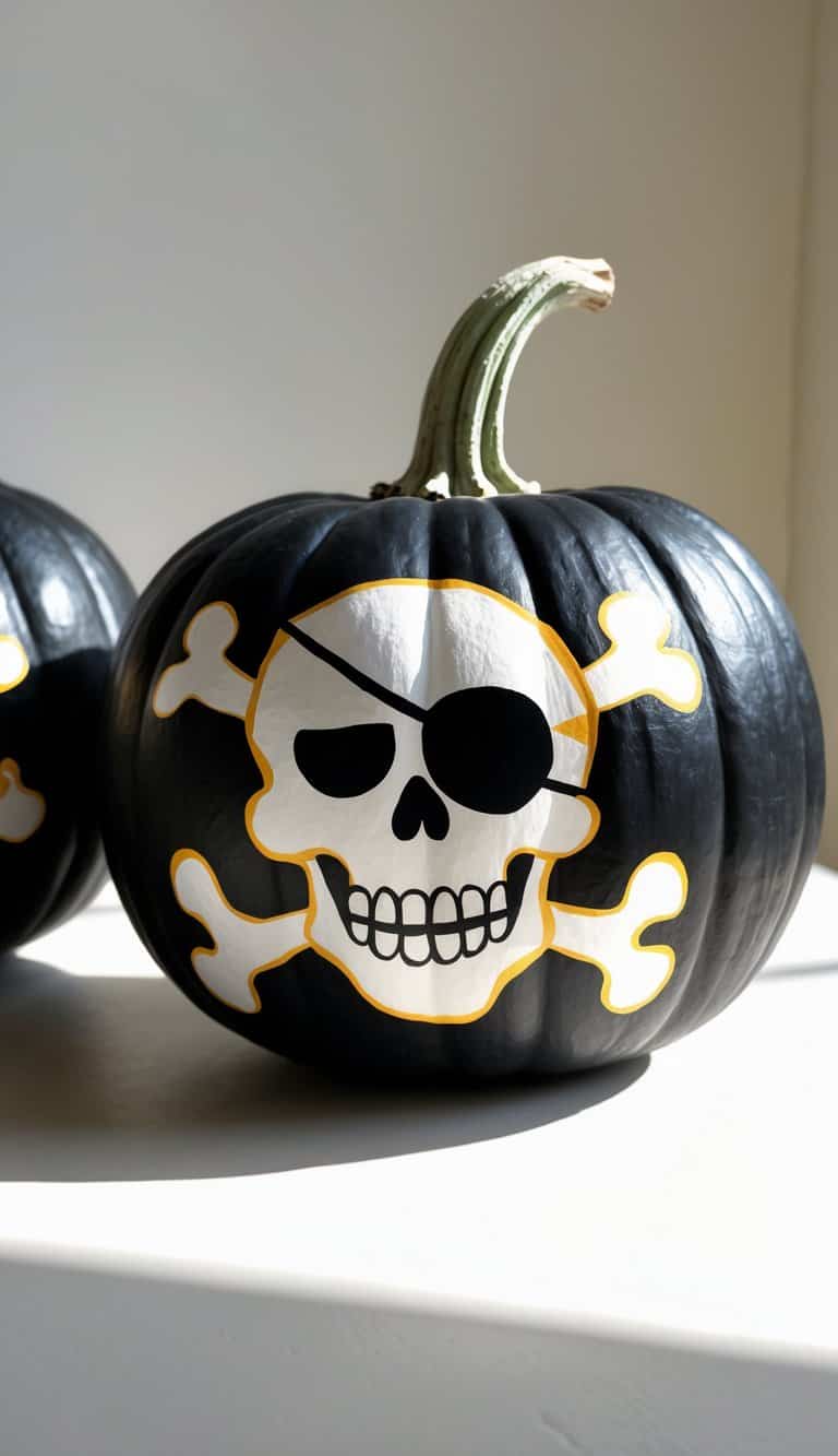 Close-up of one or two black pumpkins painted with a colorful pirate skull and crossbones design on a clean tabletop.