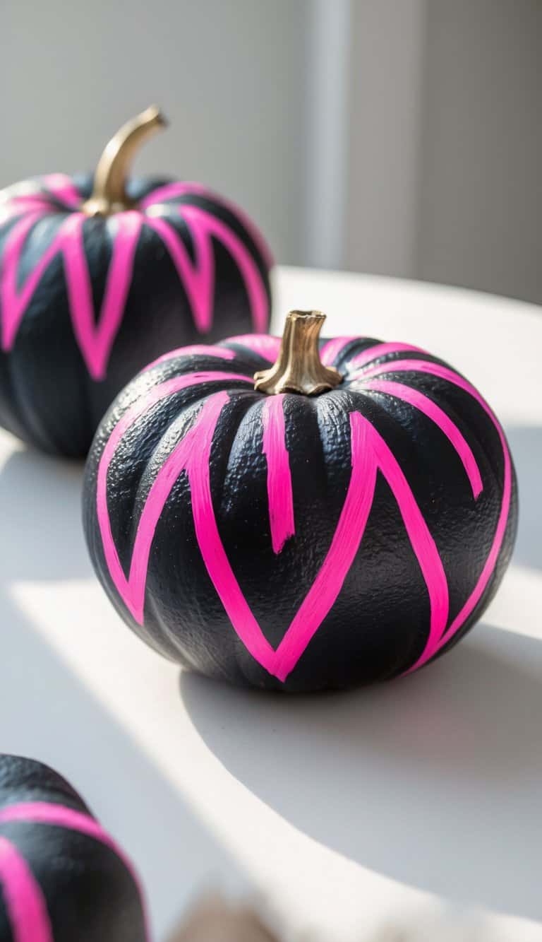 One or two black pumpkins with bright hot pink zigzag patterns on a clean tabletop.