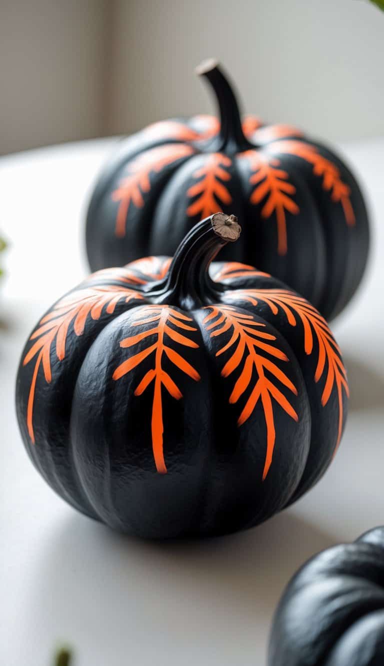 Close-up of one to two black pumpkins painted with bright neon orange tribal patterns on a tabletop.