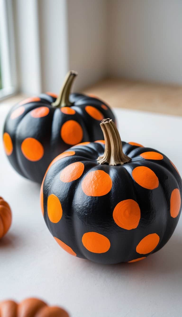 Close-up of one or two black pumpkins painted with black and orange polka dots on a tabletop.