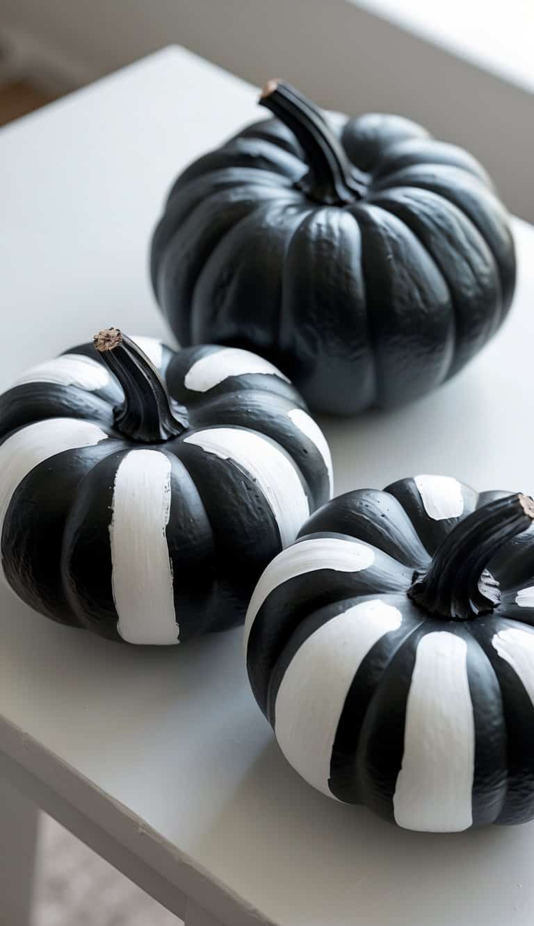 One or two black pumpkins painted with white polka dots and stripes on a clean tabletop.