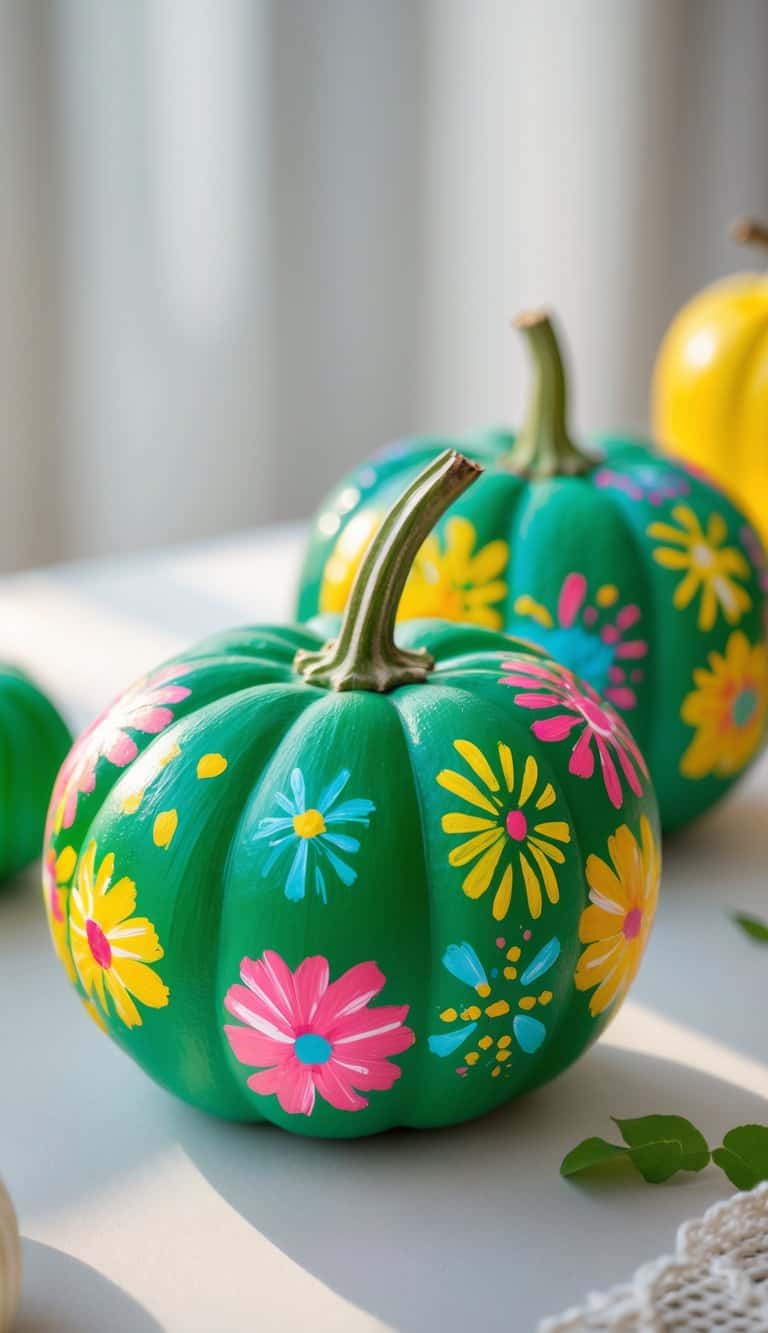 Close-up of one to two green painted pumpkins with colorful, playful designs on a clean tabletop.