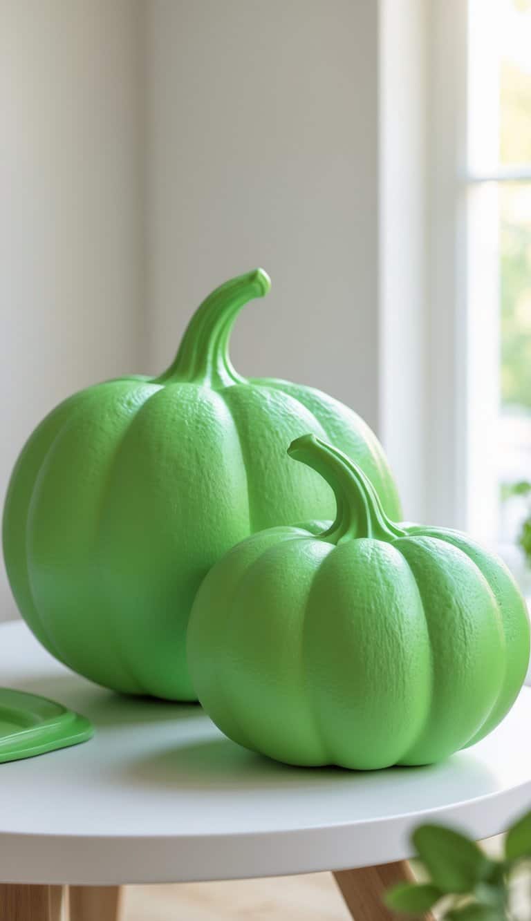 One or two green painted pumpkins on a tabletop with a clean background.