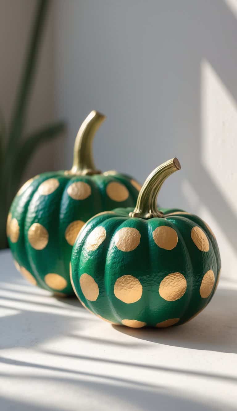 One to two green pumpkins painted with gold polka dots on a clean tabletop.