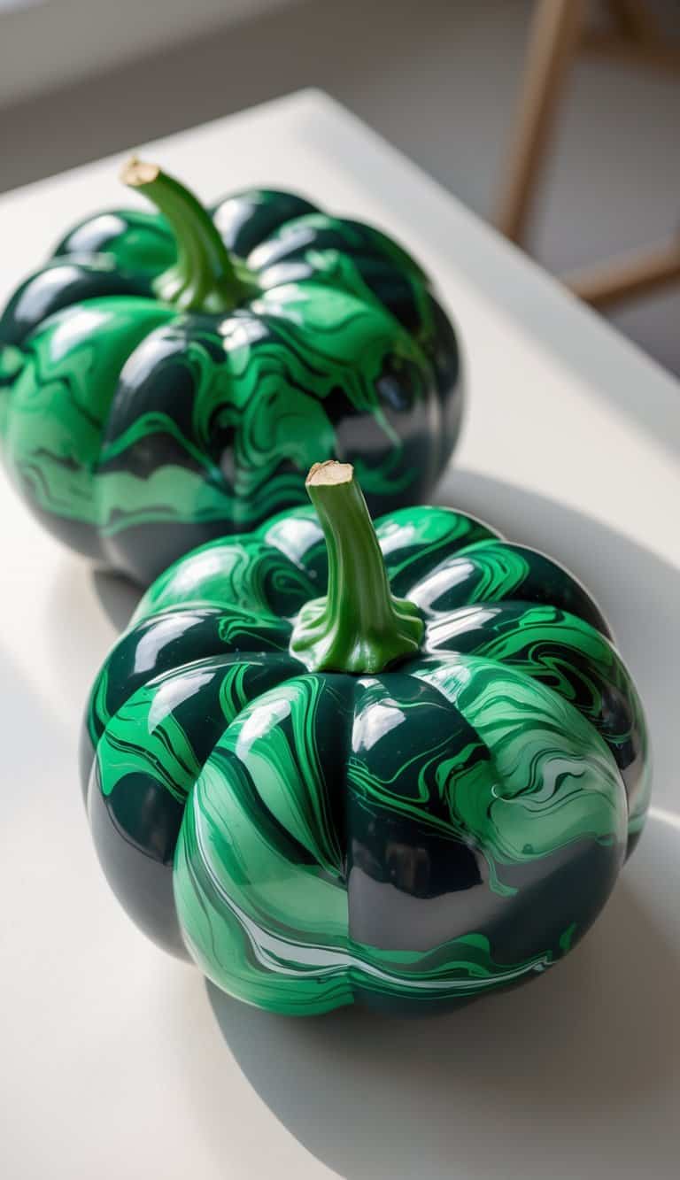 Close-up of one to two pumpkins painted with a dark green marble pattern on a clean tabletop.
