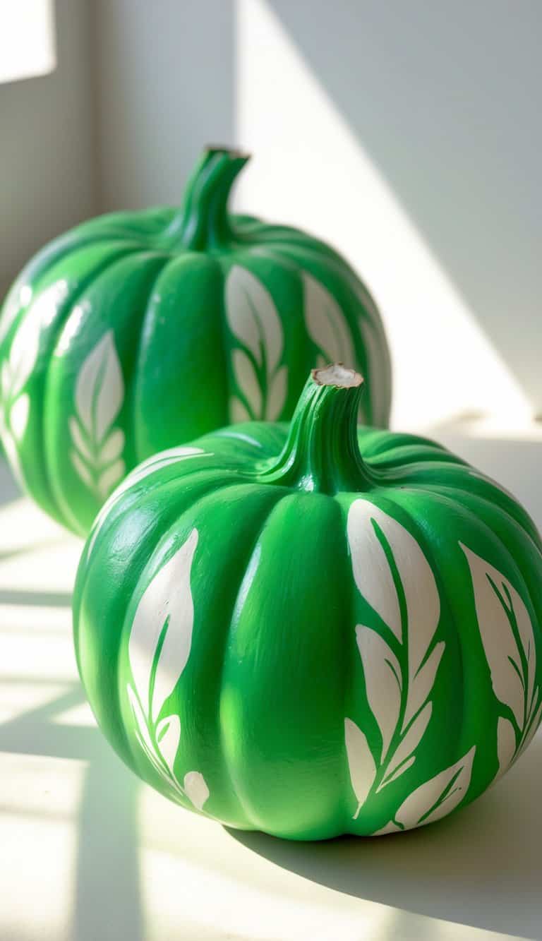 Close-up of one or two green painted pumpkins with leaf stencil designs on a tabletop.