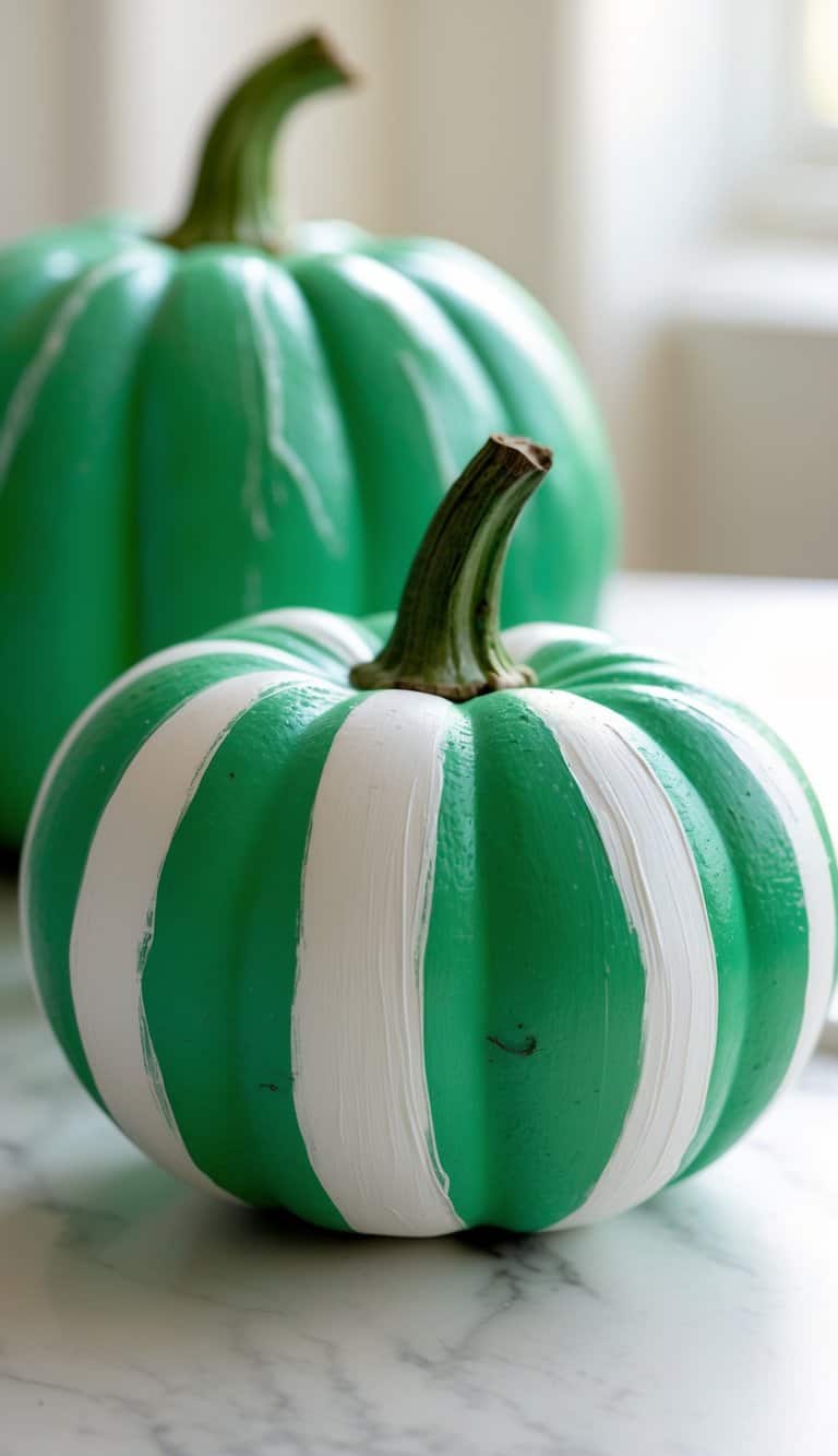 Close-up of one or two green pumpkins painted with white stripes on a tabletop.