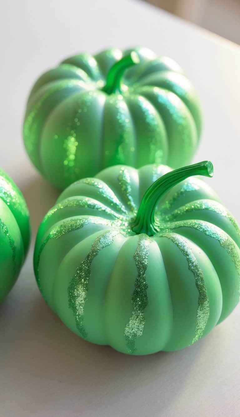 Close-up of one to two green painted pumpkins with glitter highlights on a light tabletop.