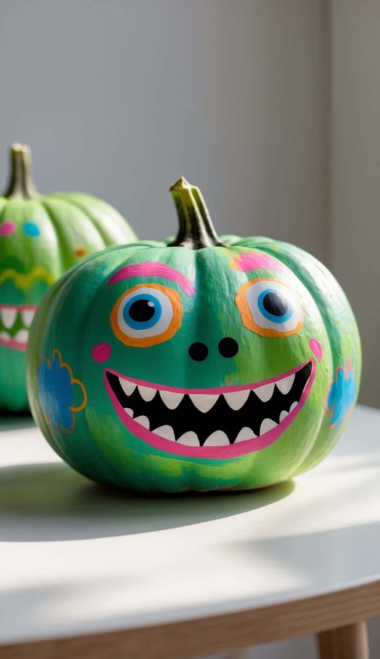 One to two green pumpkins painted with cute monster faces placed on a clean tabletop.