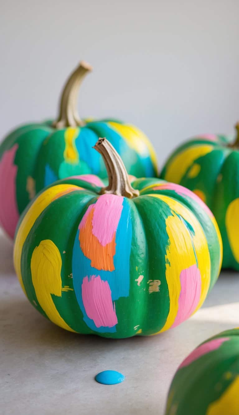 One to two green pumpkins painted with colorful abstract brush strokes on a tabletop.