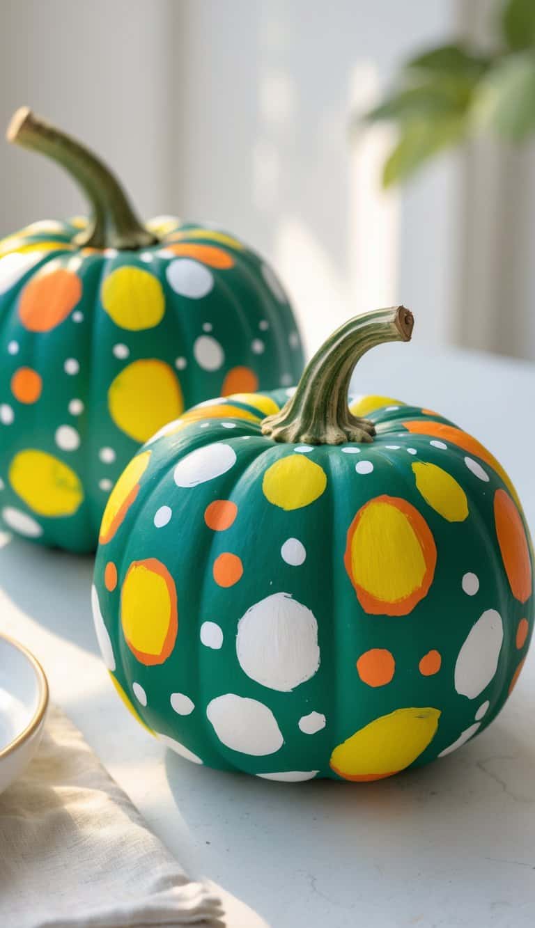 Close-up of one or two green pumpkins painted with colorful dots and dash patterns on a tabletop.