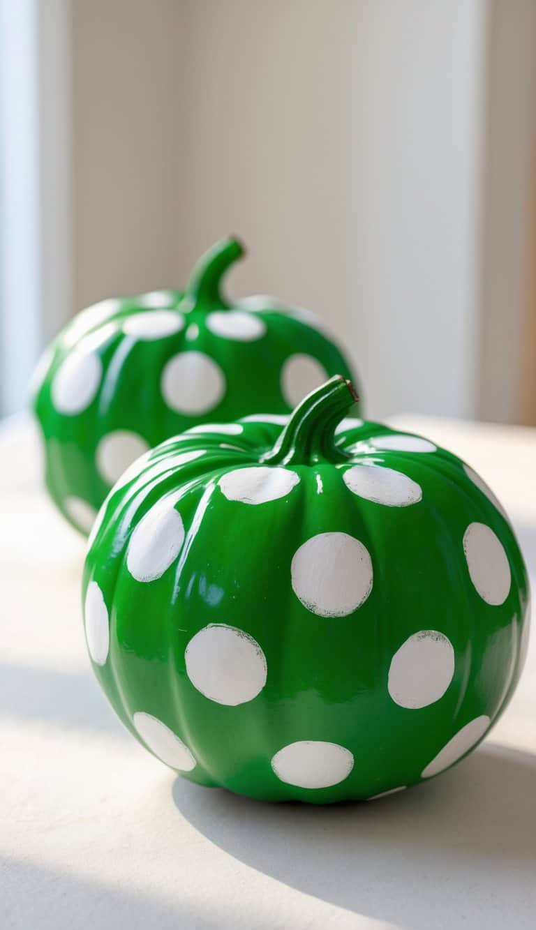 Close-up of one to two green pumpkins painted with white polka dots on a tabletop.