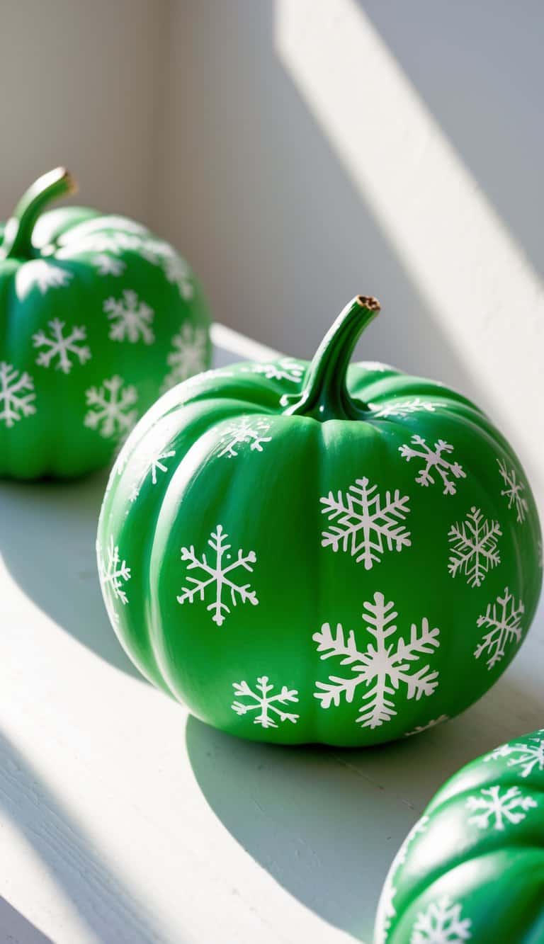 Two green pumpkins painted with white snowflake patterns on a clean tabletop under soft natural light.