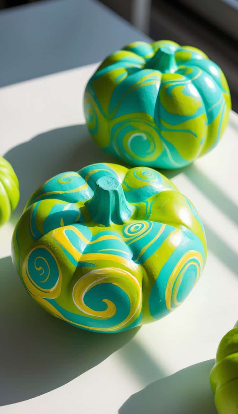 Close-up of one to two green pumpkins painted with colorful swirls and spiral patterns on a tabletop.