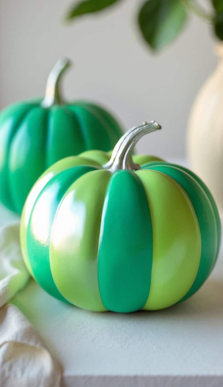 Close-up of one or two green painted pumpkins on a tabletop with a smooth satin finish and vibrant colors.
