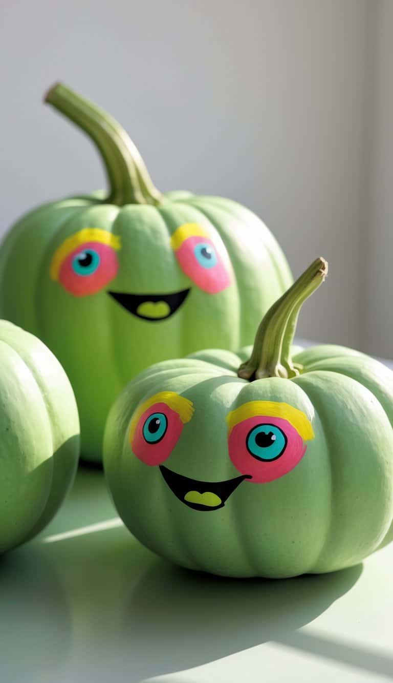 Close-up of one or two green pumpkins painted with colorful eyes and mouths on a tabletop.