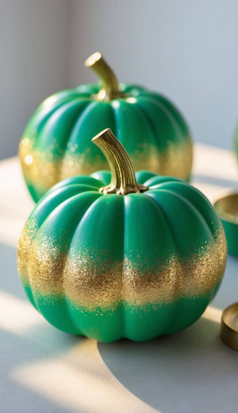 Close-up of one to two green pumpkins with gold glitter ombre effect on a clean tabletop.