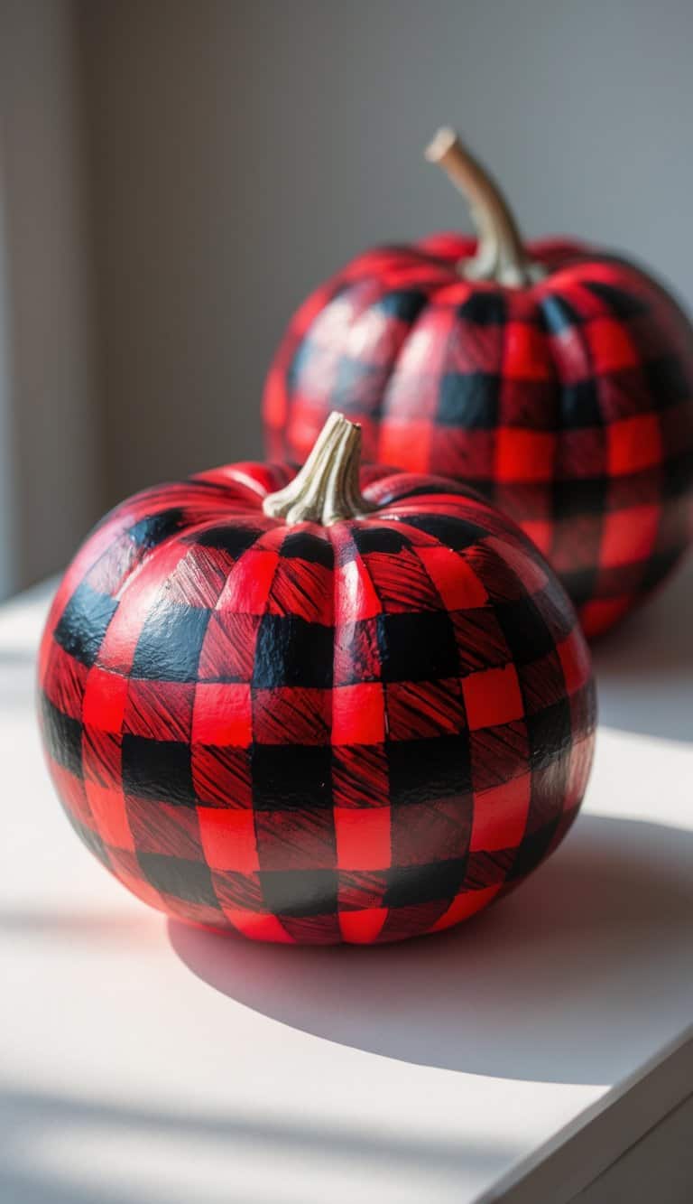 Close-up of one to two pumpkins painted with red and black buffalo check plaid pattern on a clean tabletop.