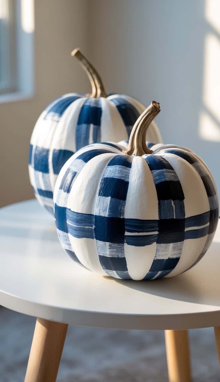 Close-up image of one or two pumpkins painted with a white and navy blue plaid pattern on a tabletop.