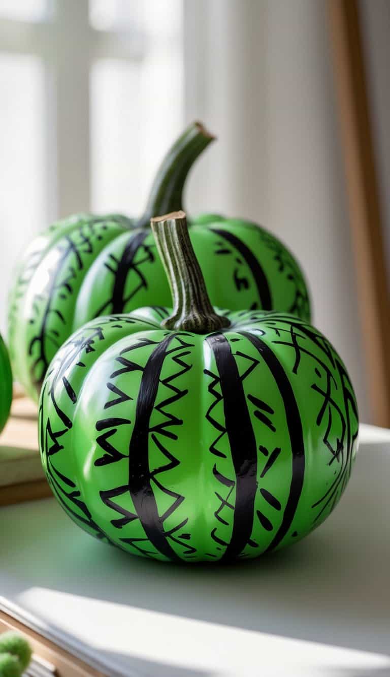 Close-up of one to two green pumpkins painted with black tribal patterns on a clean tabletop.
