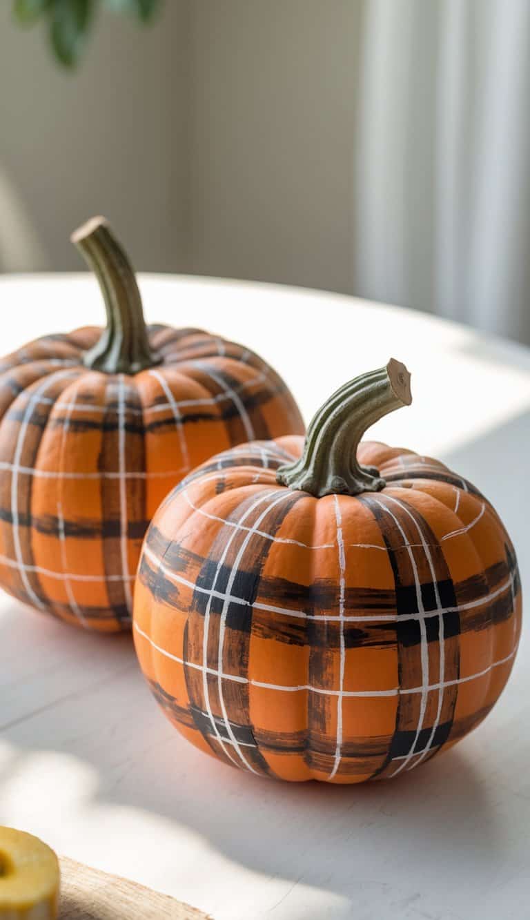 Close-up of one to two pumpkins painted with orange and brown plaid patterns on a tabletop.