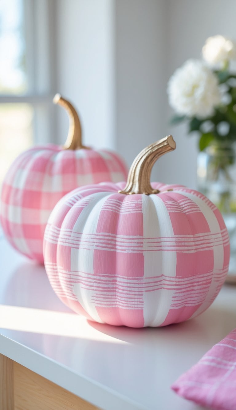 One to two pink and white plaid painted pumpkins on a clean tabletop under soft daylight.
