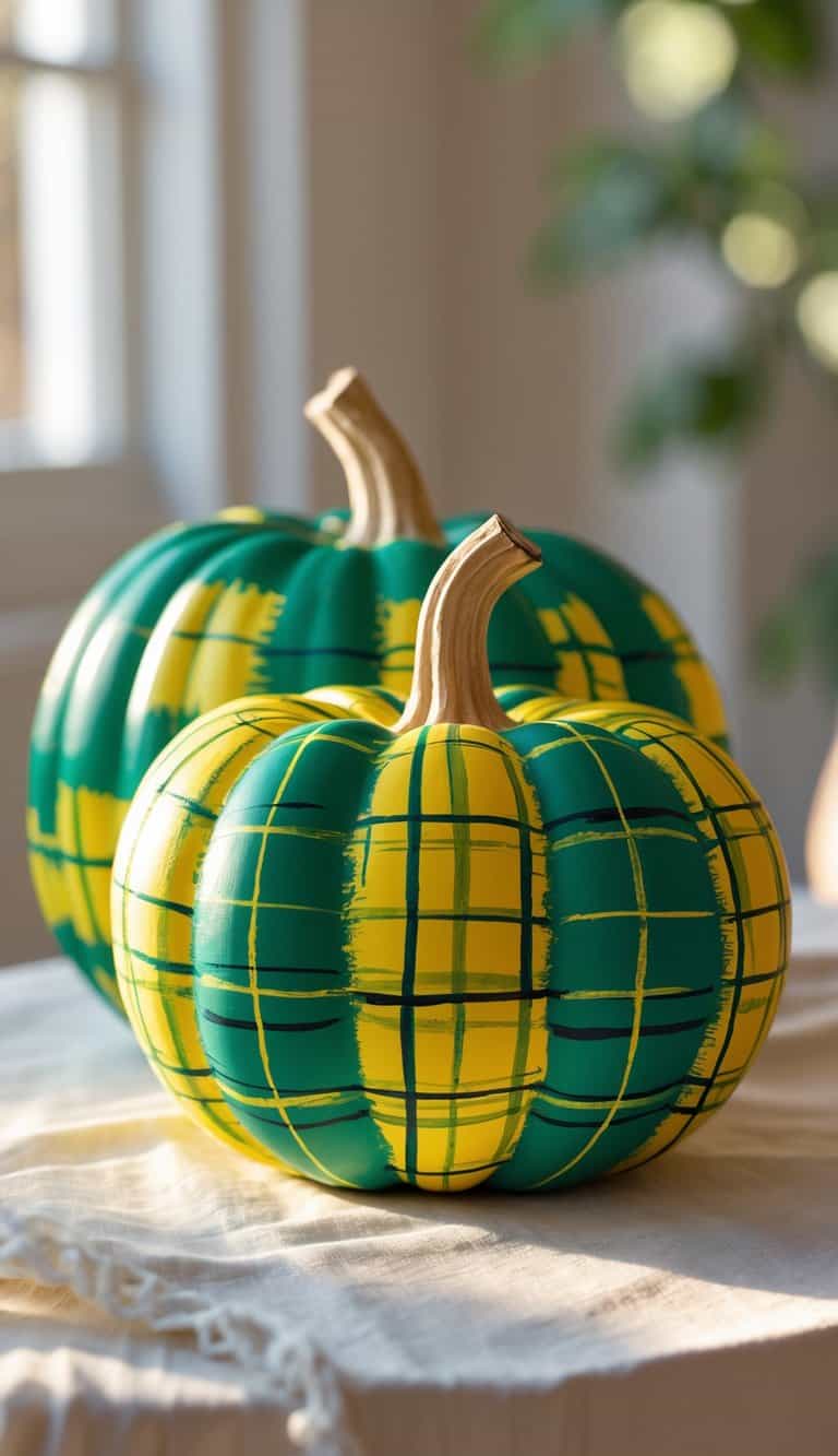 Close-up of one to two pumpkins painted with green and yellow plaid patterns on a tabletop.