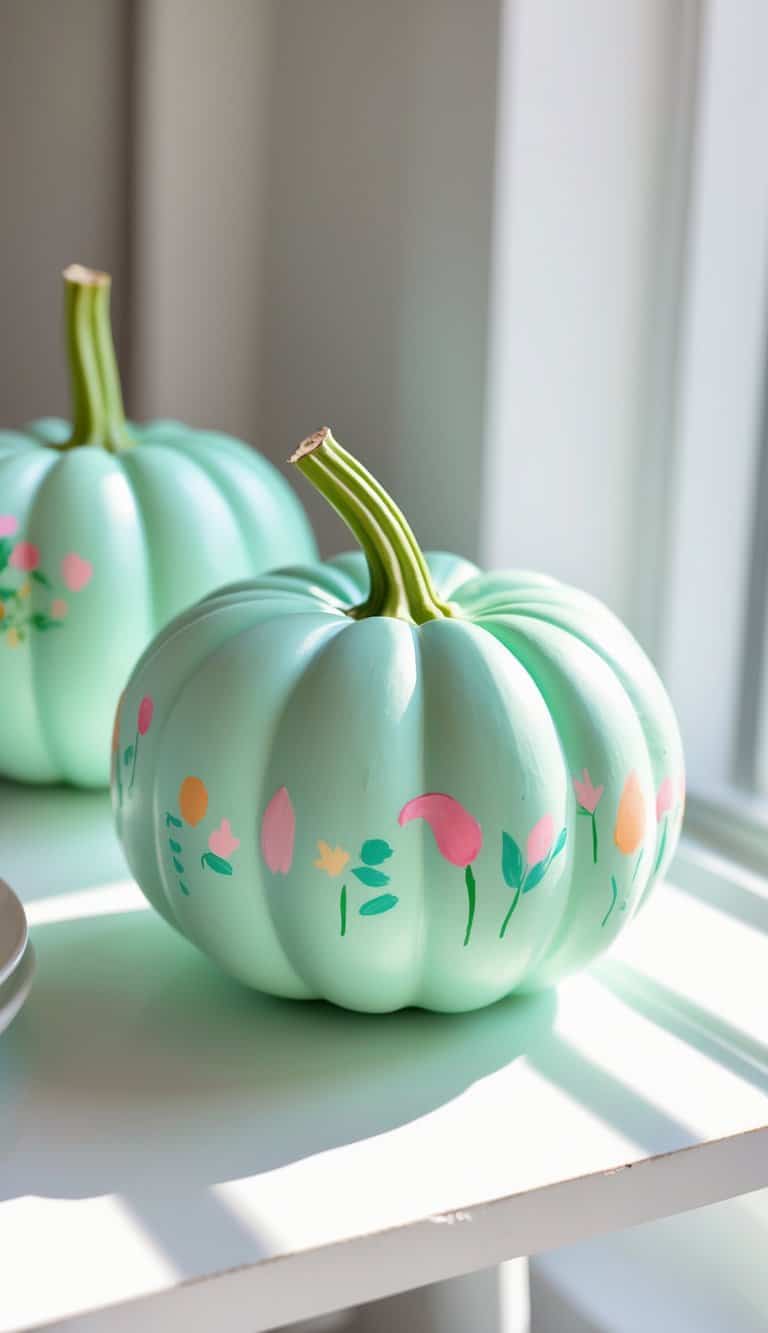 Close-up of one or two green pumpkins painted in pastel mint green on a clean tabletop with soft daylight.