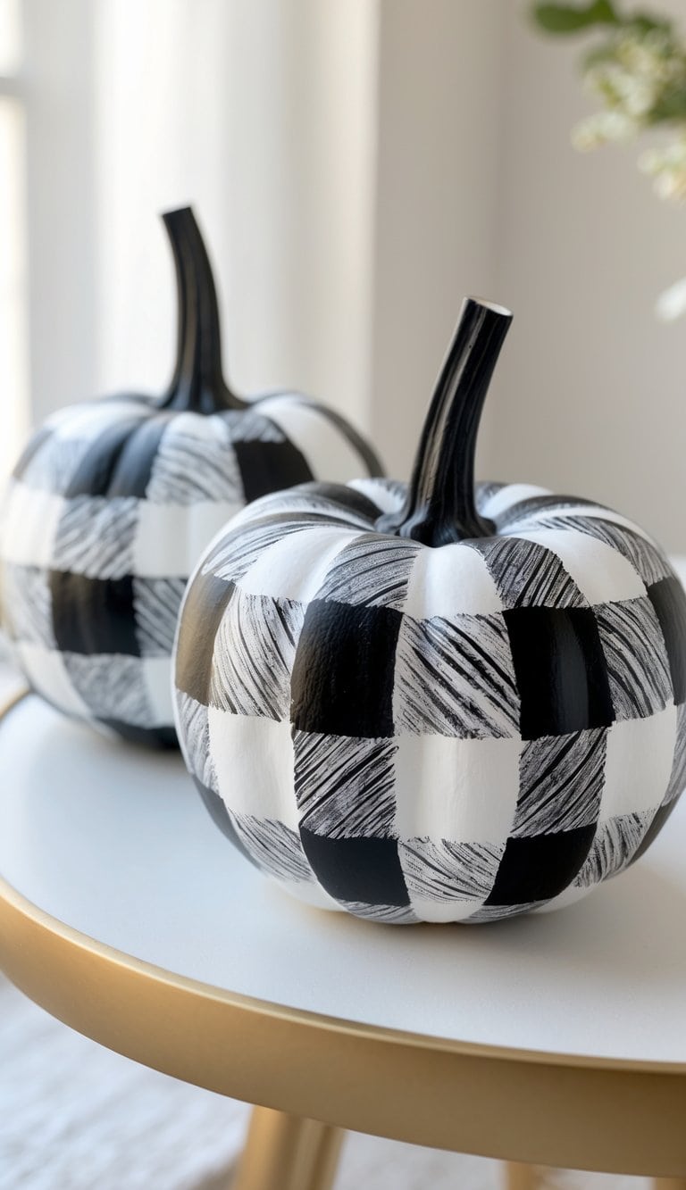 Close-up of one to two pumpkins painted with a black and white plaid pattern on a clean tabletop.