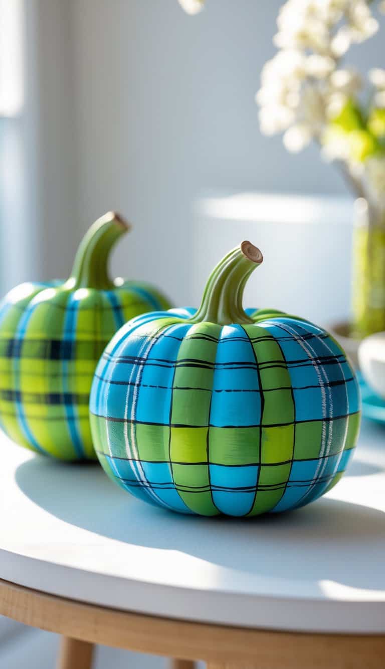 Close-up of one to two pumpkins painted with blue and green plaid patterns on a tabletop.