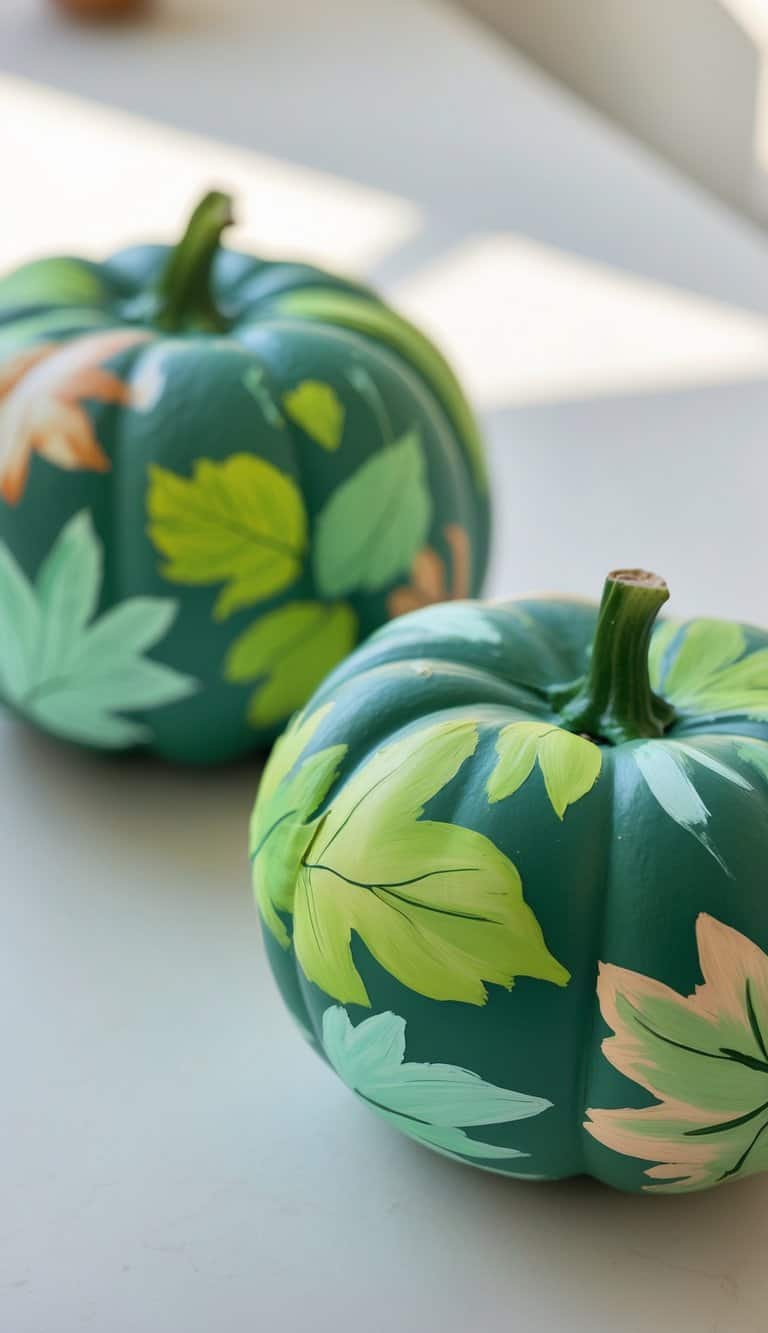 Close-up of one or two green pumpkins painted with colorful leaf designs on a clean tabletop.