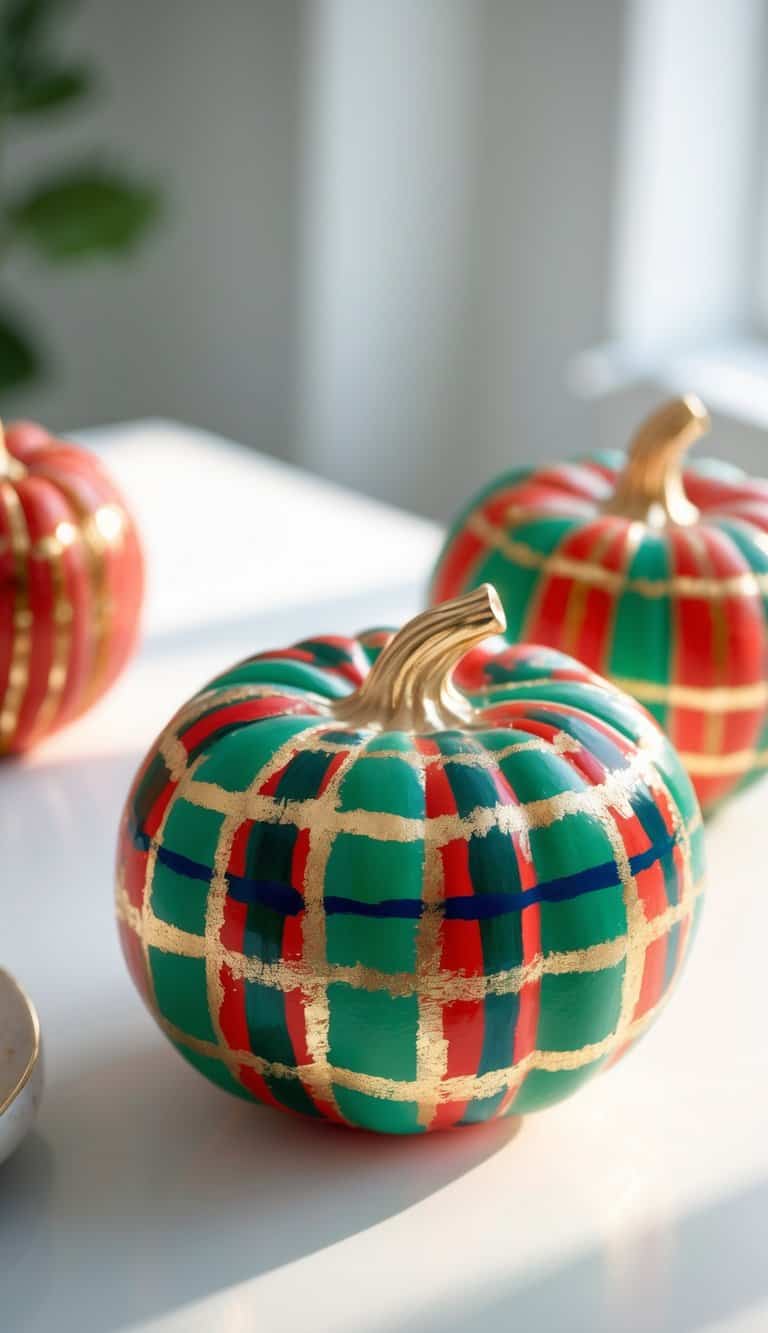 One to two painted pumpkins with colorful plaid patterns and gold accents on a clean tabletop under soft daylight.