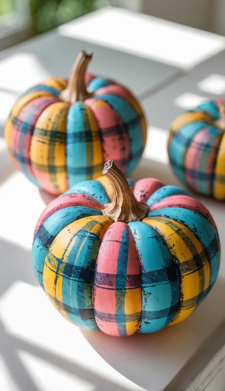 One or two painted pumpkins with colorful plaid patterns on a clean tabletop under soft daylight.