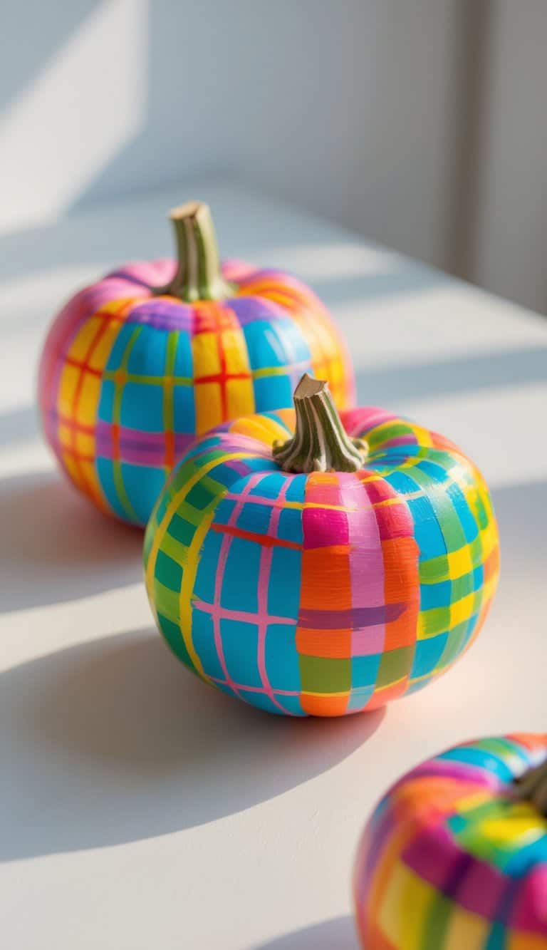 One to two small pumpkins painted with colorful plaid patterns placed on a clean tabletop.
