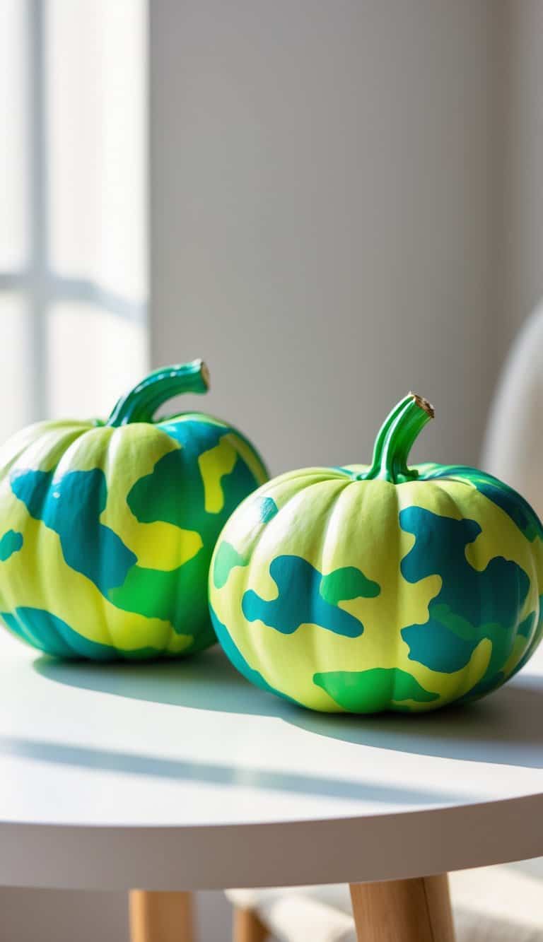 Close-up of one to two pumpkins painted with green camouflage patterns on a plain tabletop.