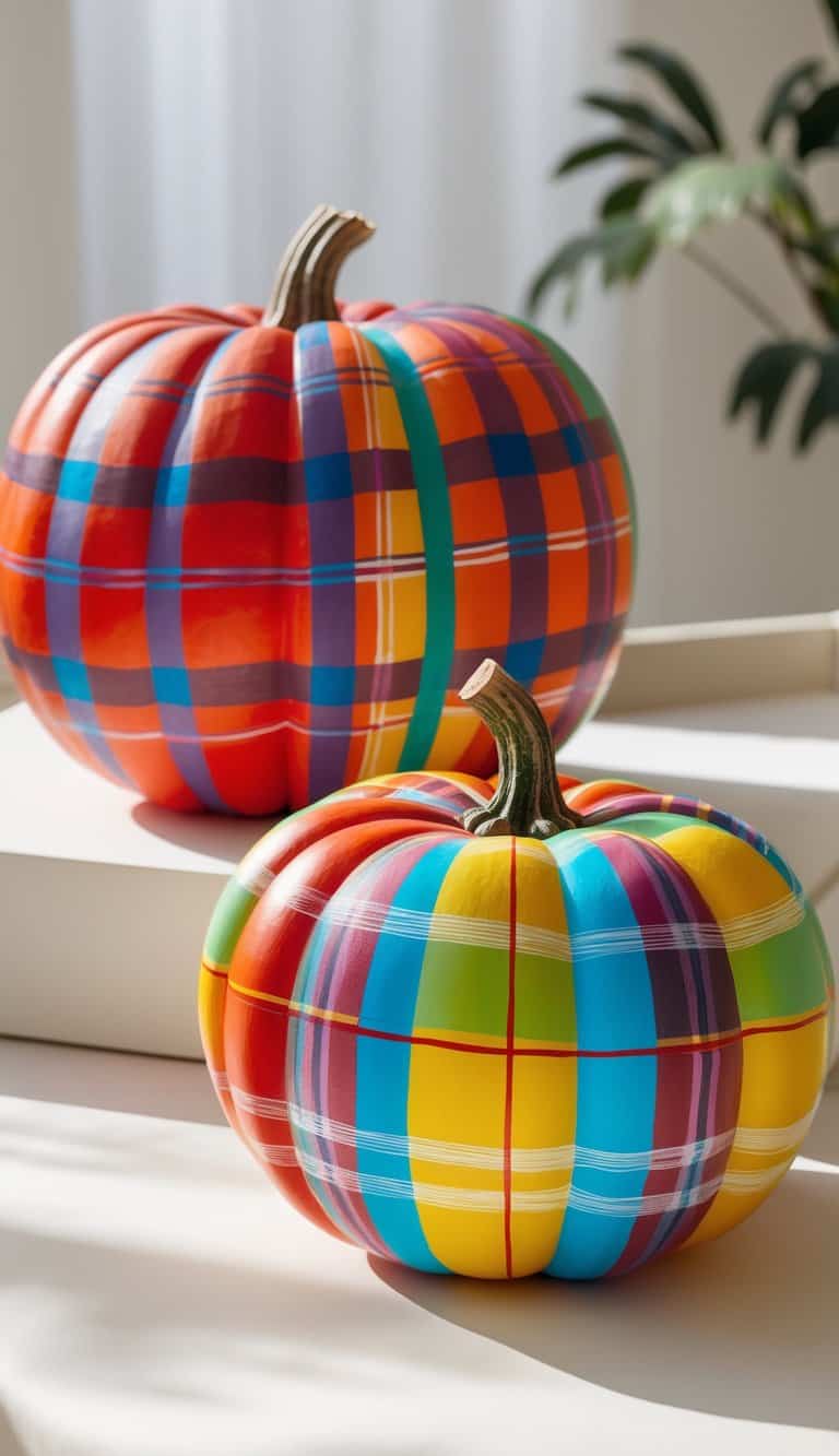 Close-up of one to two large pumpkins painted with colorful plaid patterns on a clean tabletop.