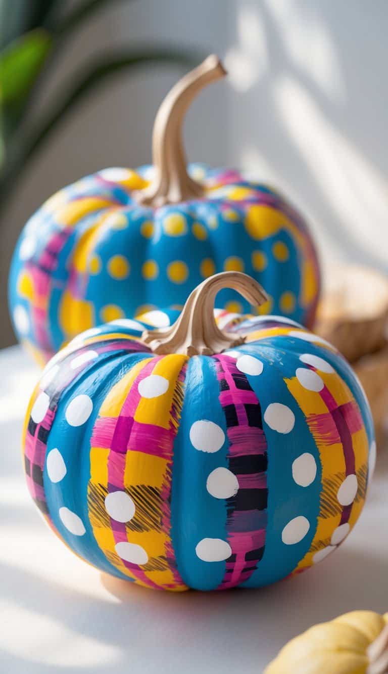 Close-up of one to two pumpkins painted with plaid patterns and white polka dots on a tabletop.