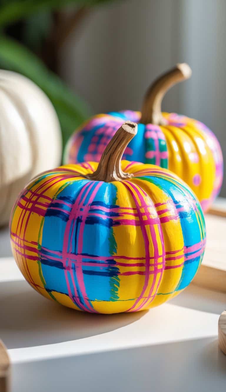 Close-up of one to two pumpkins painted with colorful plaid patterns and hand-painted leaves on a tabletop.