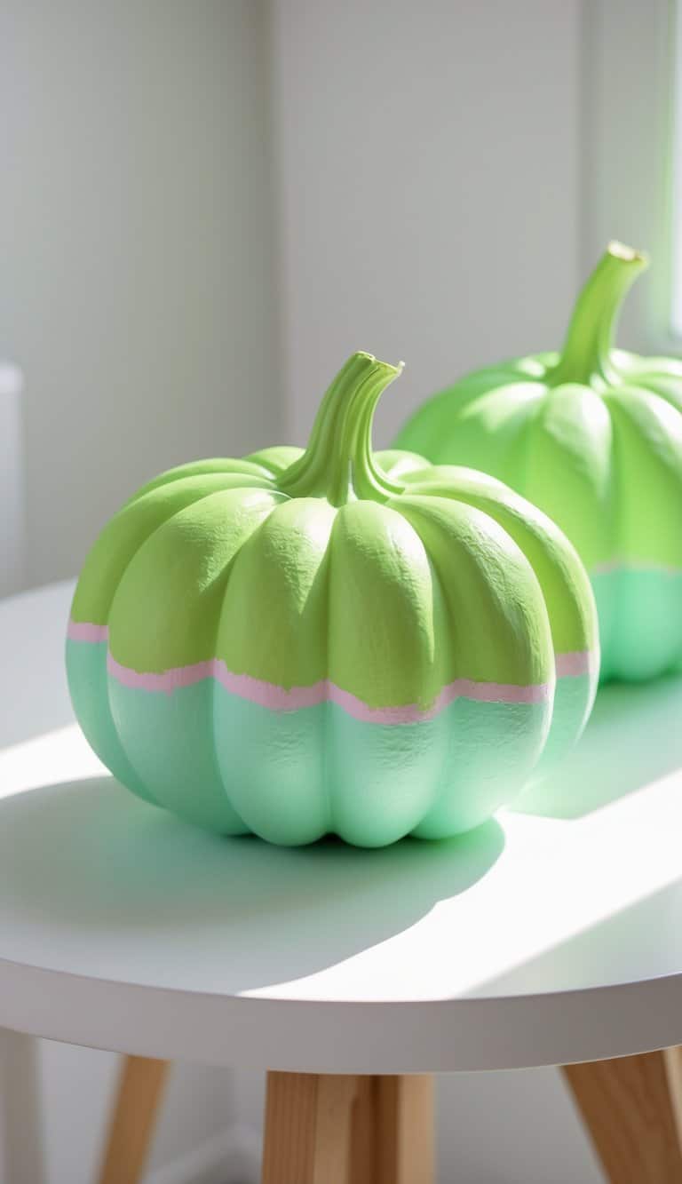 One to two green pumpkins painted in pastel lime and mint colors on a clean tabletop.