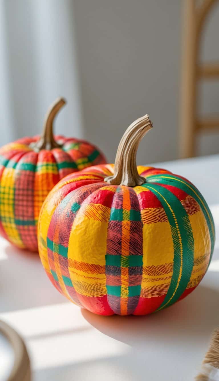 Close-up of one or two brightly painted plaid pumpkins with etched details on a clean tabletop.