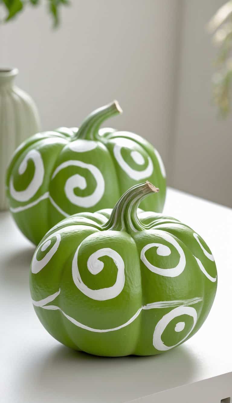 Close-up of one or two green pumpkins painted with olive green and white swirls on a tabletop.