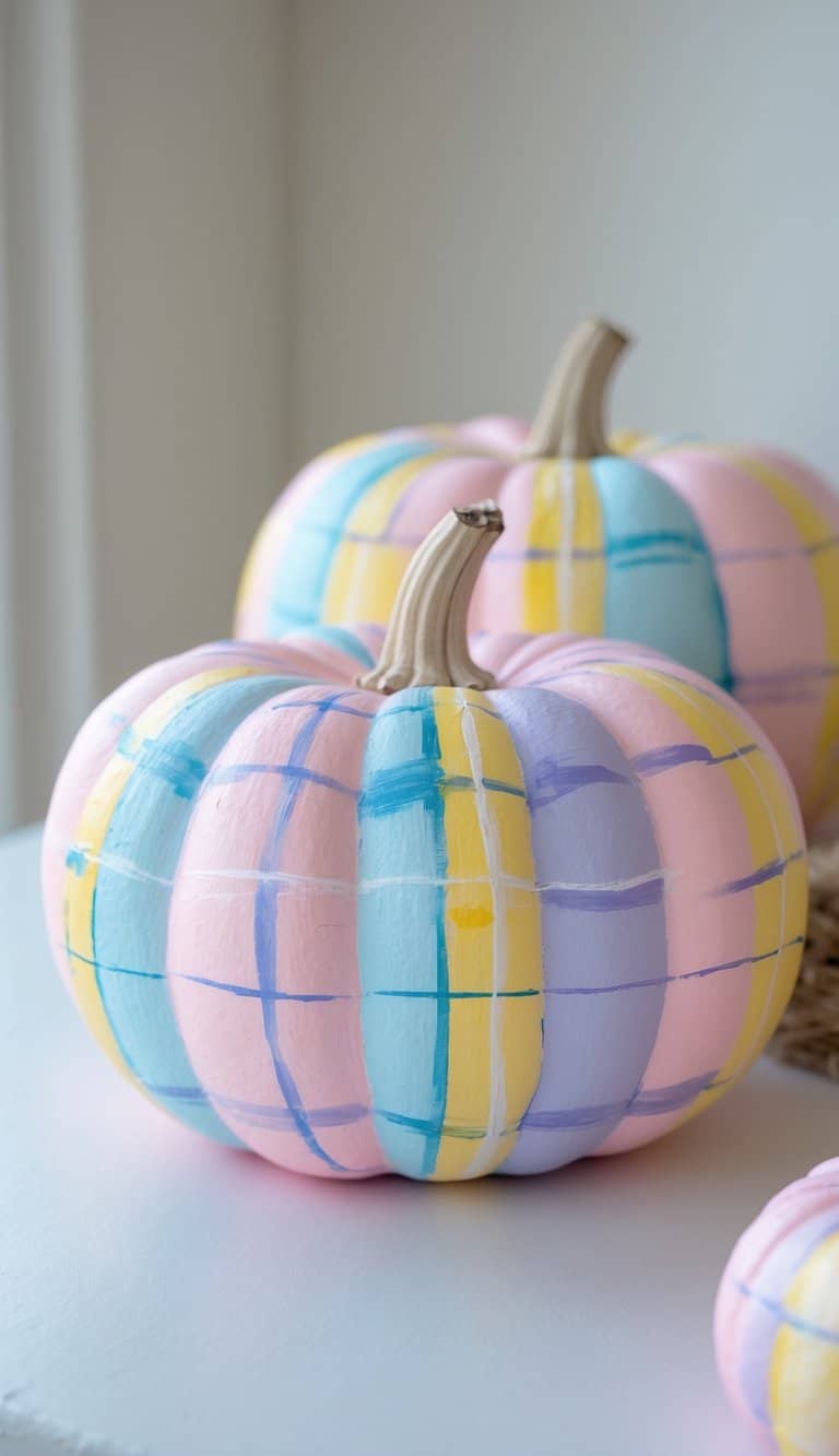 One to two pumpkins painted with pastel plaid patterns placed on a tabletop with soft daylight and a clean background.