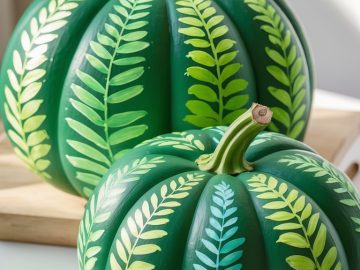 Two green pumpkins decorated with painted fern leaf patterns in various shades of green, sitting on a white surface with natural sunlight streaming in.